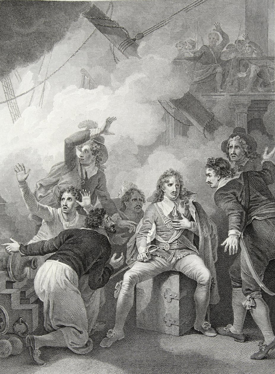 Conde Sandwich negándose a abandonar su barco en llamas, en la Batalla de Sole Bay, grabado por W. Byrne, ilustración de 