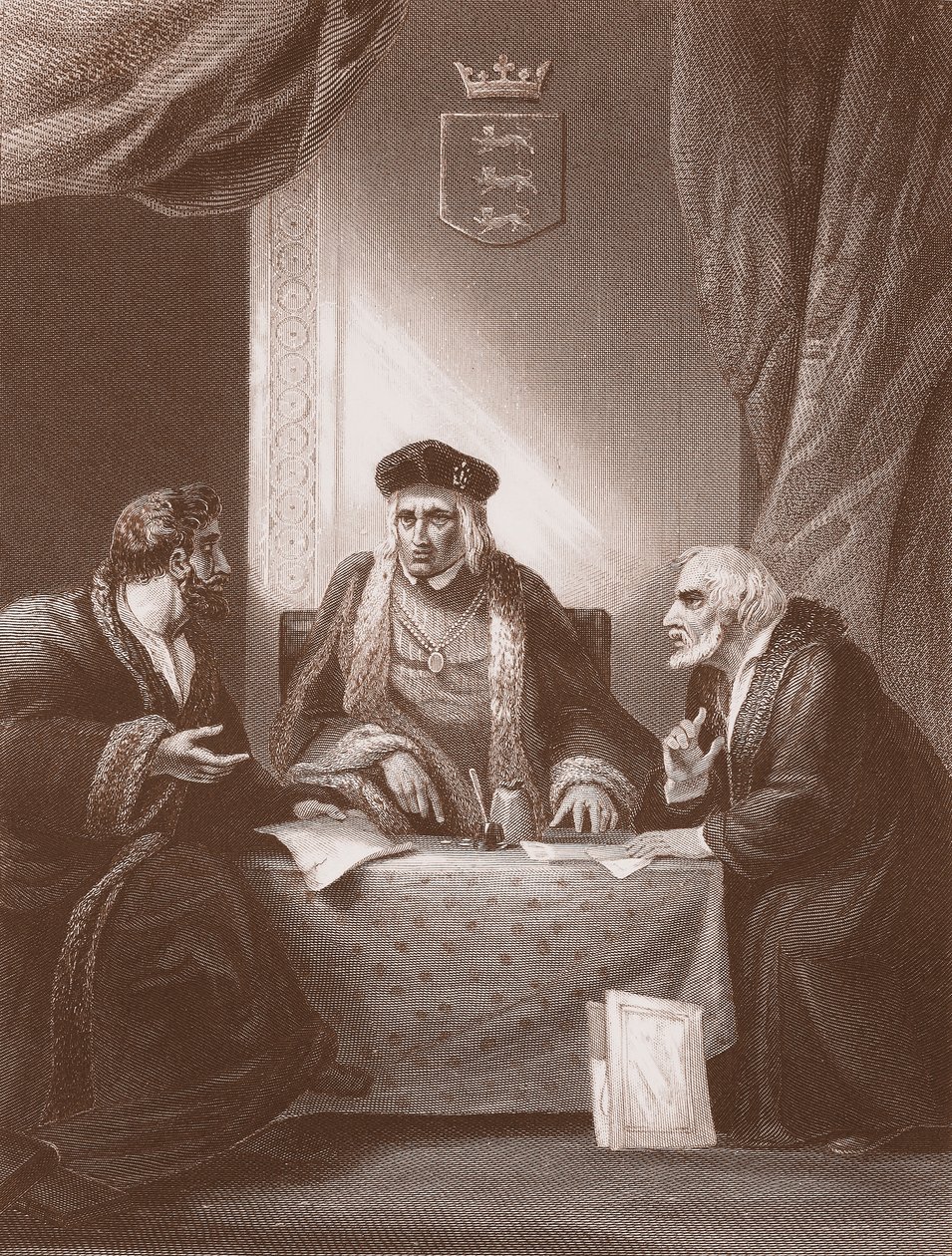 Enrique VII con Empson y Dudley, grabado por A.H. Payne (litografía) de Robert (after) Smirke