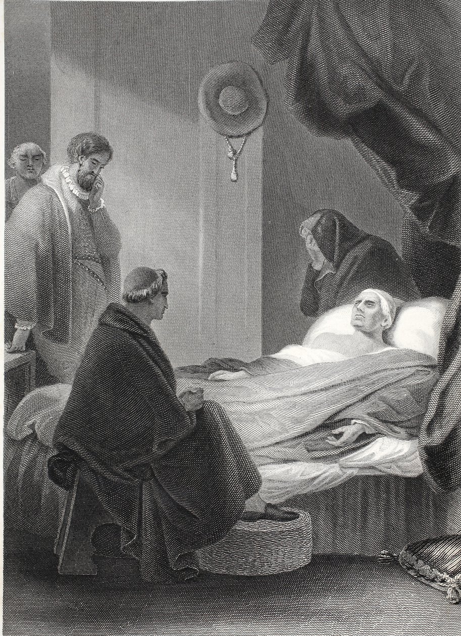 La Muerte del Cardenal Wolsey, grabado por A.H. Payne de Robert (after) Smirke