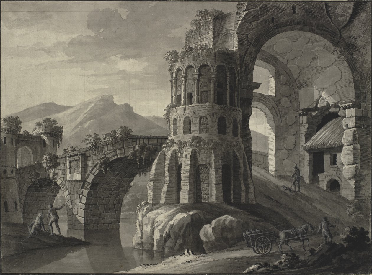 Fantasía arquitectónica. Ruina de un puente antiguo, flanqueado por torres medievales de Robert Adam