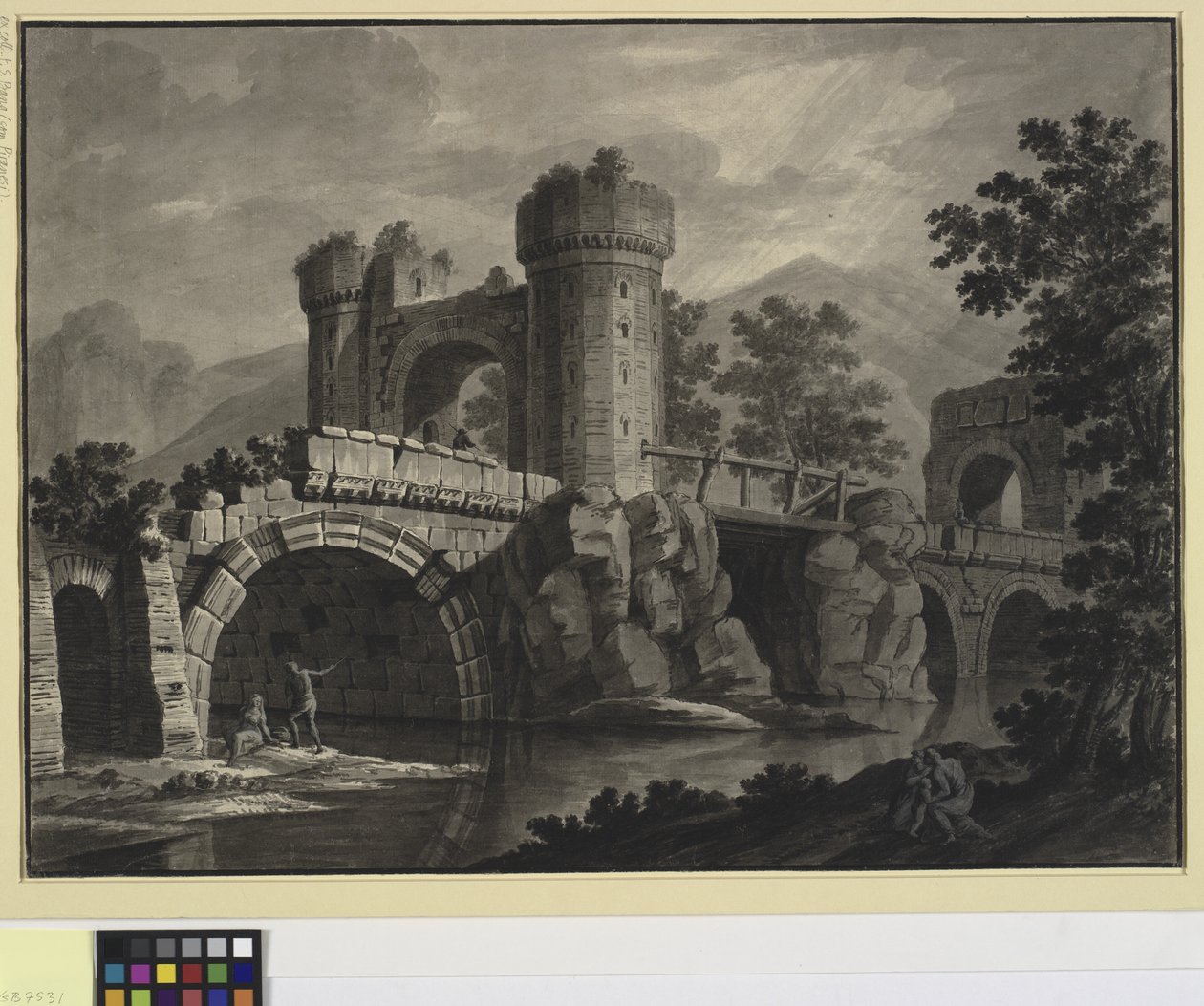 Fantasía arquitectónica de un puente en ruinas en un paisaje de Robert Adam