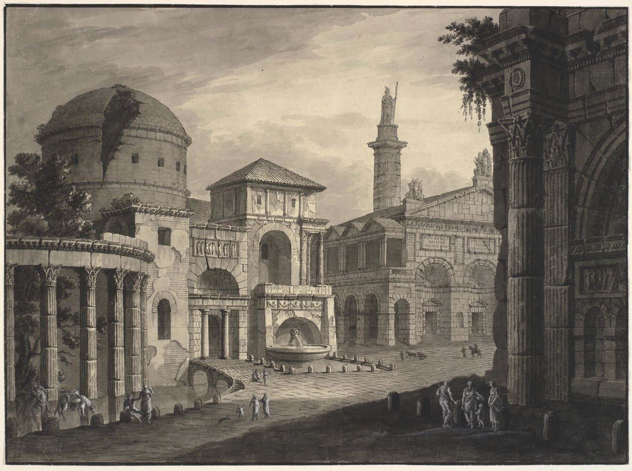 Fantasía Arquitectónica de una Ciudad Antigua con una Plaza y Muchos Edificios, Algunos Parcialmente en Ruinas de Robert Adam