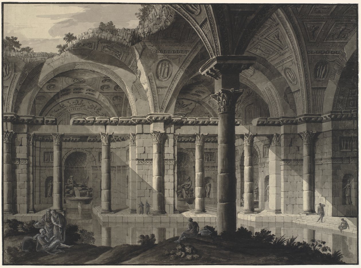 Fantasía arquitectónica de un baño antiguo con techo en ruinas y figuras de Robert Adam