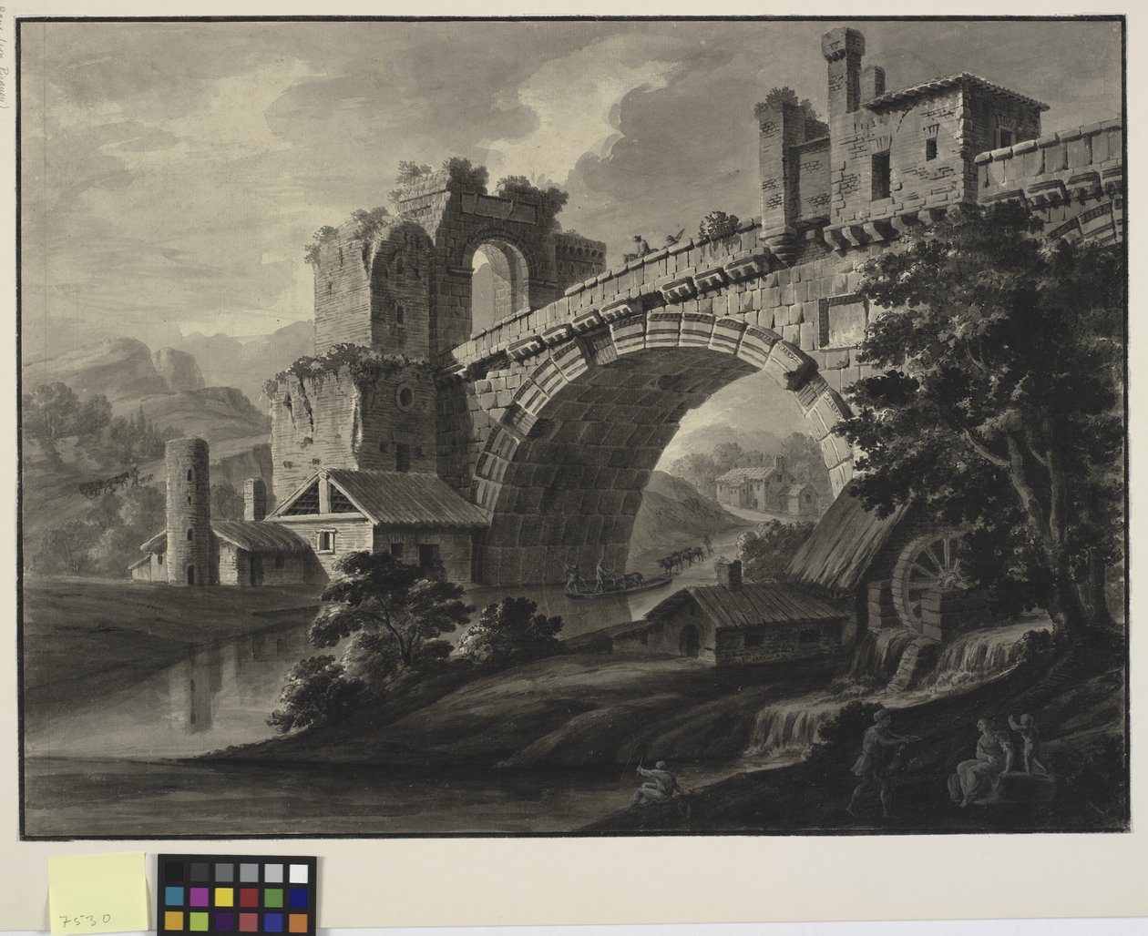 Fantasía arquitectónica con un puente antiguo sobre un río y un molino de agua en primer plano de Robert Adam