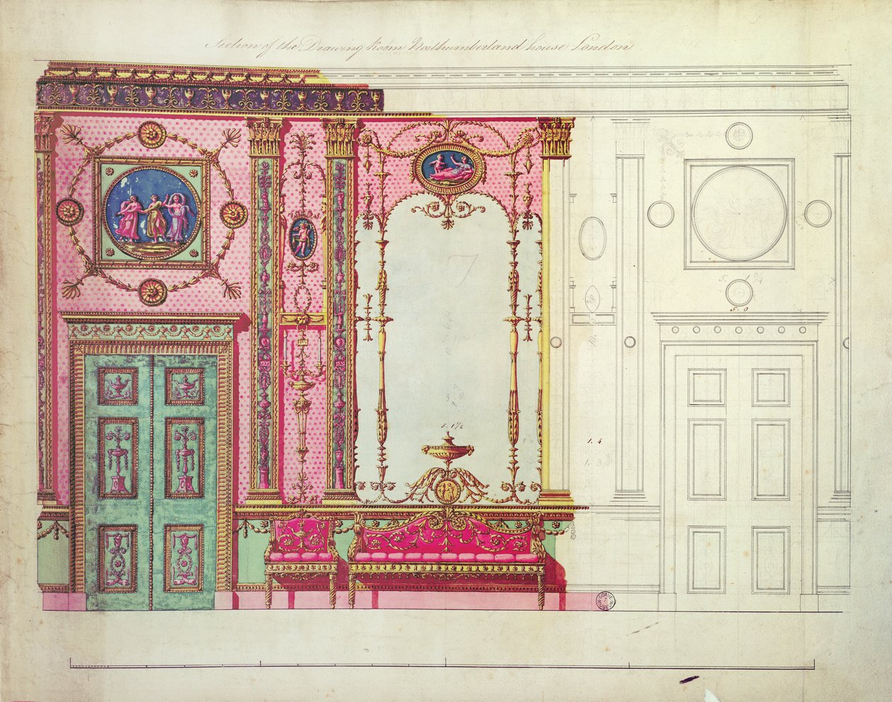Sección del Salón, Northumberland House, Londres; Diseño para la pared final de Robert Adam