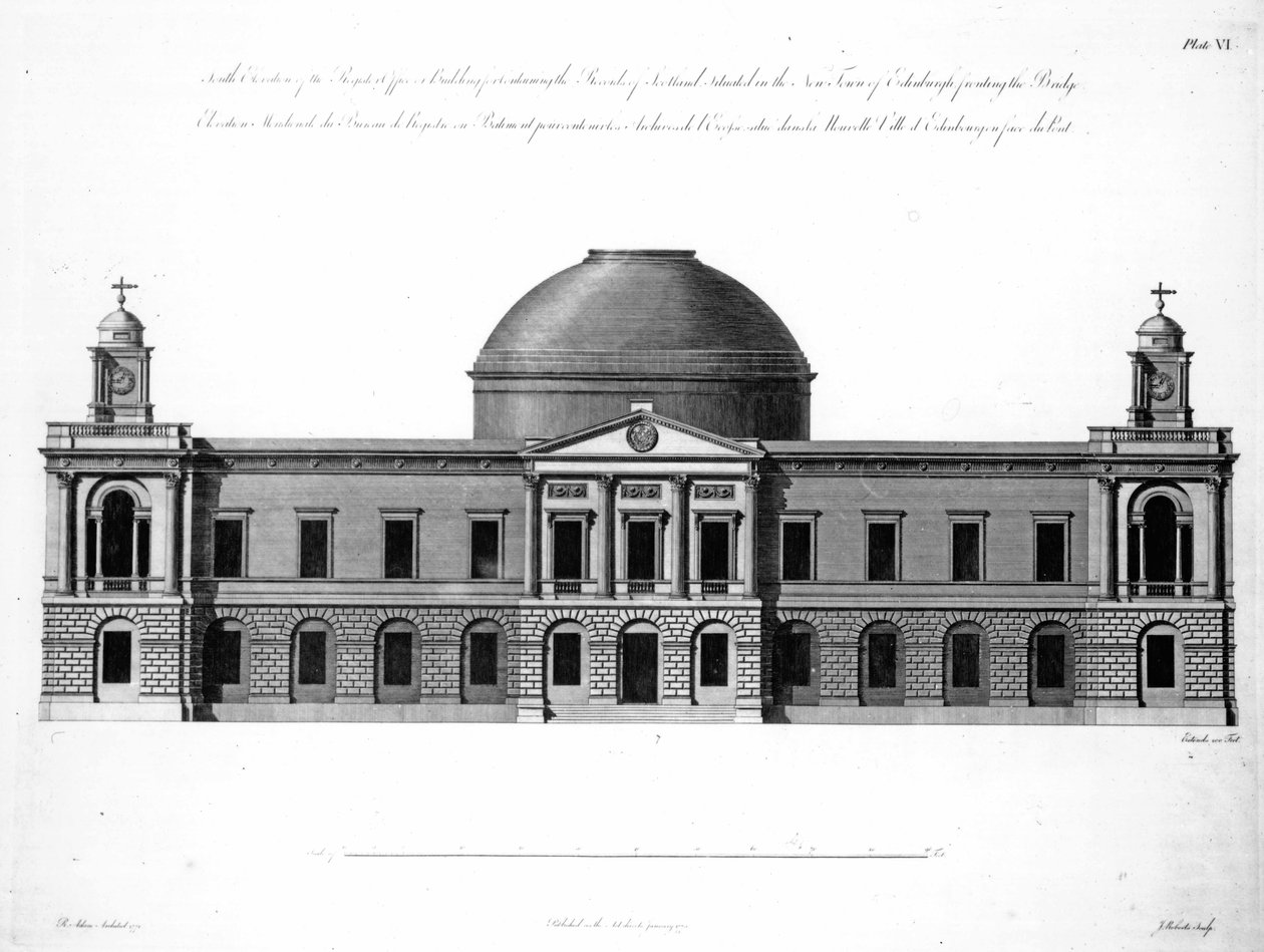 La Elevación Sur de Register House, Edimburgo, grabado por J. Roberts, 1773 de Robert Adam