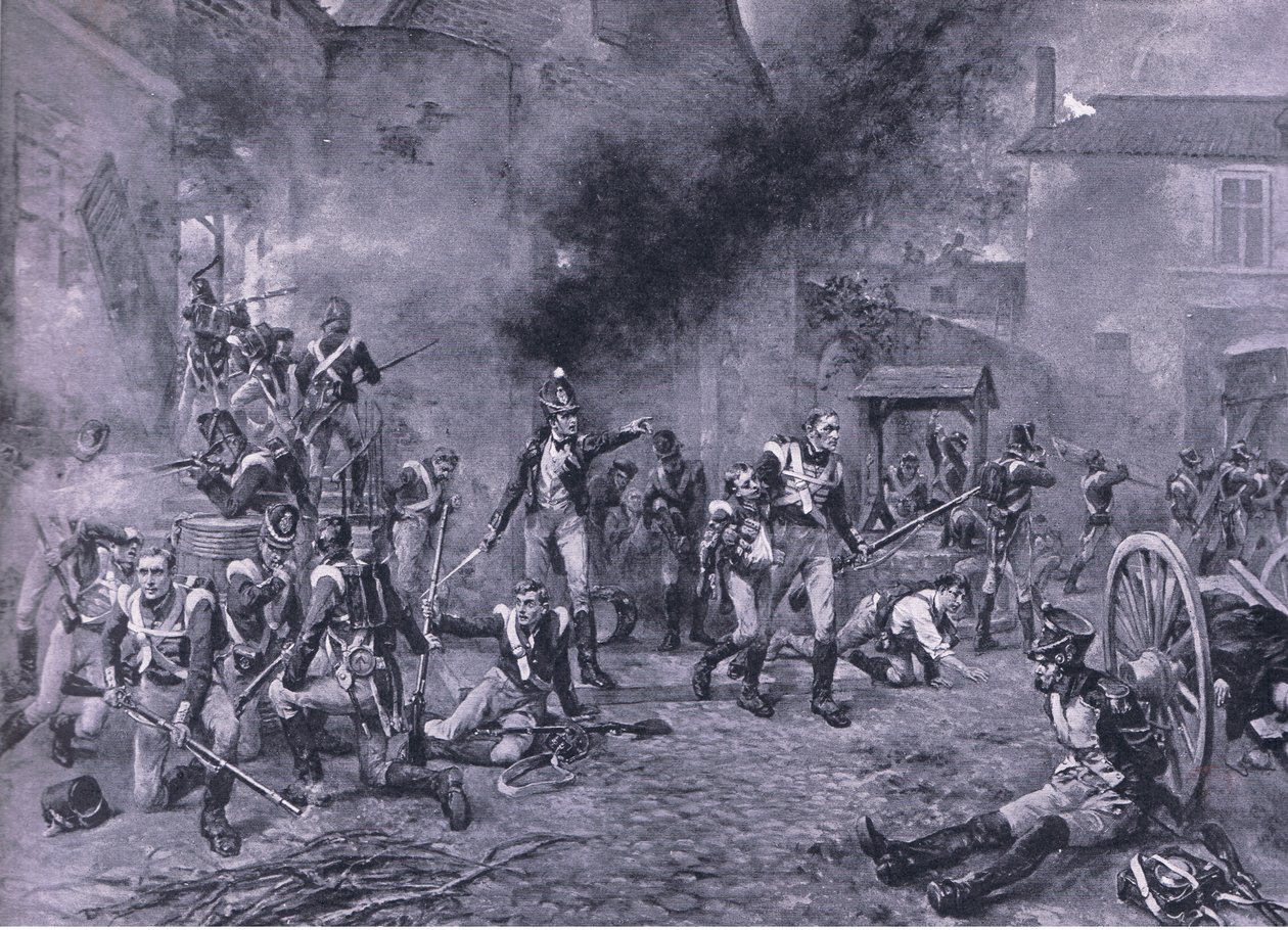 La defensa de Hougoumont, 18 de junio de 1815, ilustración de Batallas Británicas en Tierra y Mar, 1915 de Robert Alexander Hillingford