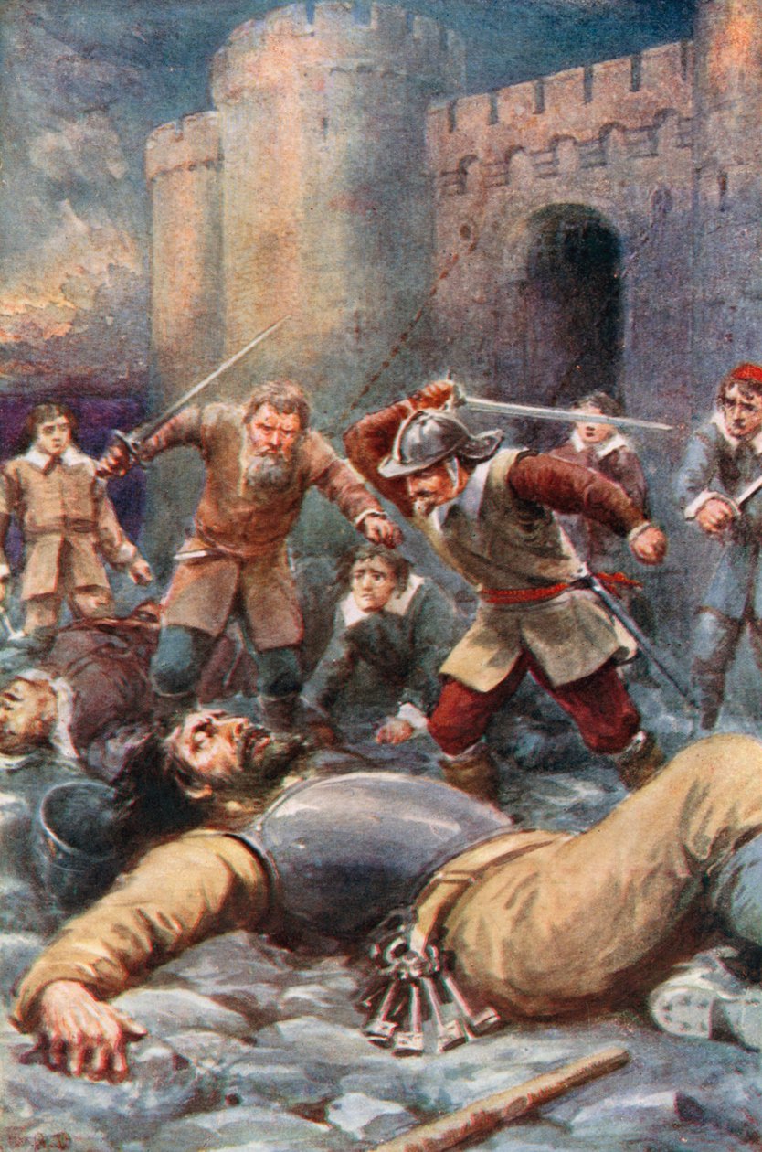 Los peregrinos destruyen el Castillo de las Dudas (litografía en color) de Robert Ambrose (after) Dudley