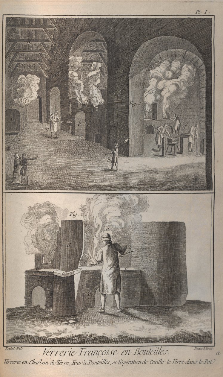 Fabricación de Vidrio. De la Encyclopédie de Denis Diderot y Jean Le Rond d