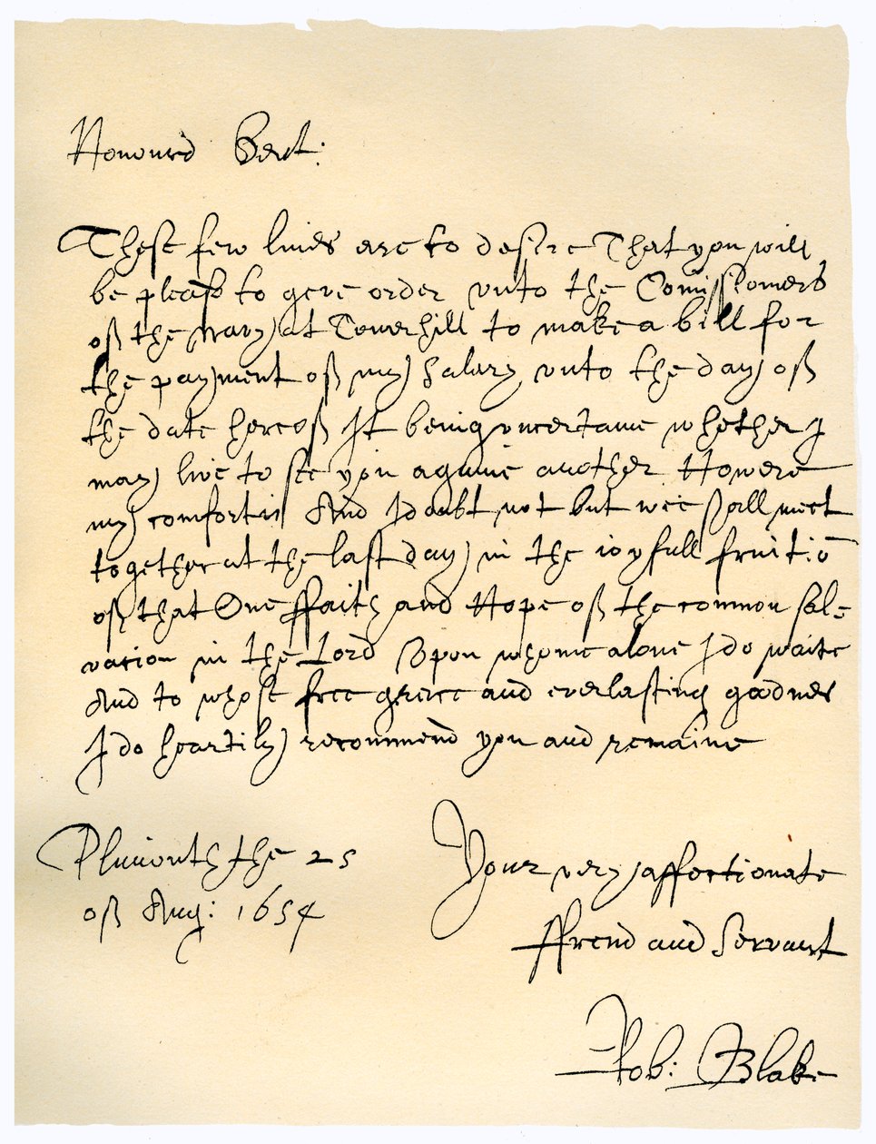 Carta del almirante Robert Blake a los comisionados del Almirantazgo, 25 de agosto de 1654 de Robert Blake