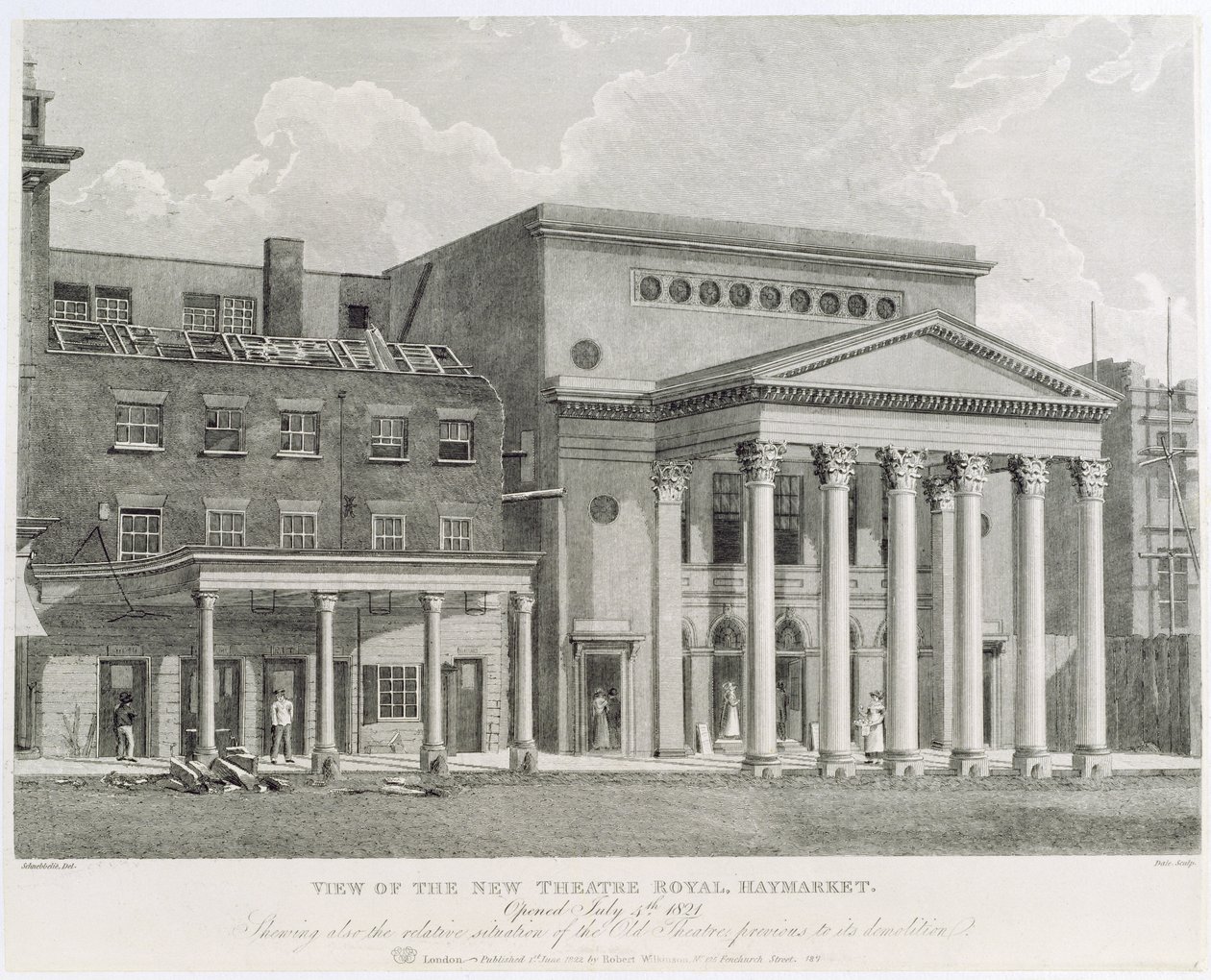 Vista del Nuevo Teatro Real, Haymarket, inaugurado el 4 de julio de 1821, mostrando también la situación relativa del antiguo teatro antes de su demolición, grabado por Dale, 1822 de Robert Blemell Schnebbelie