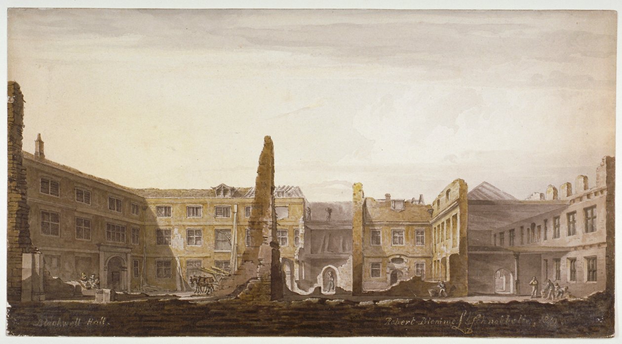 Blackwell Hall durante la demolición, Ciudad de Londres de Robert Blemmell Schnebbelie