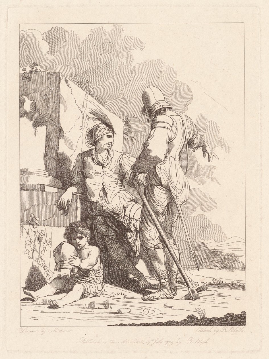 Dos soldados y un niño sosteniendo un casco de Robert Blyth, after John Hamilton Mortimer