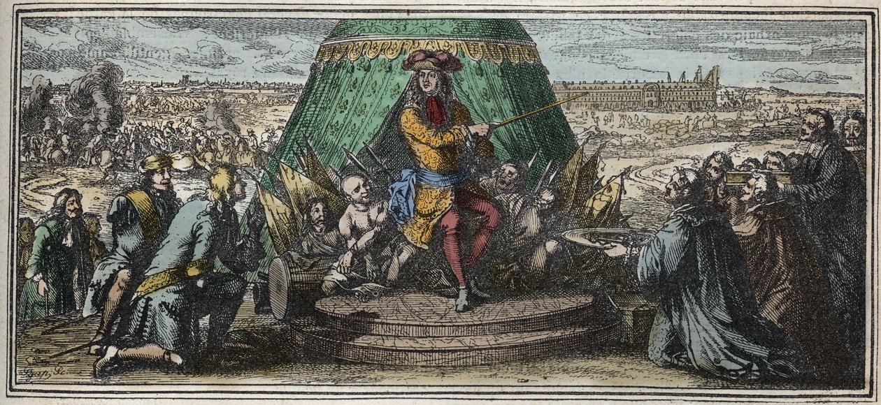 La construcción de Les Invalides en 1670 - Alegoría de la fundación del Hotel des Invalides - Luis XIV mostrando a sus viejos soldados mutilados el Hotel des Invalides en construcción grabado por Robert Bonnart (1652-1729) de Robert Bonnard