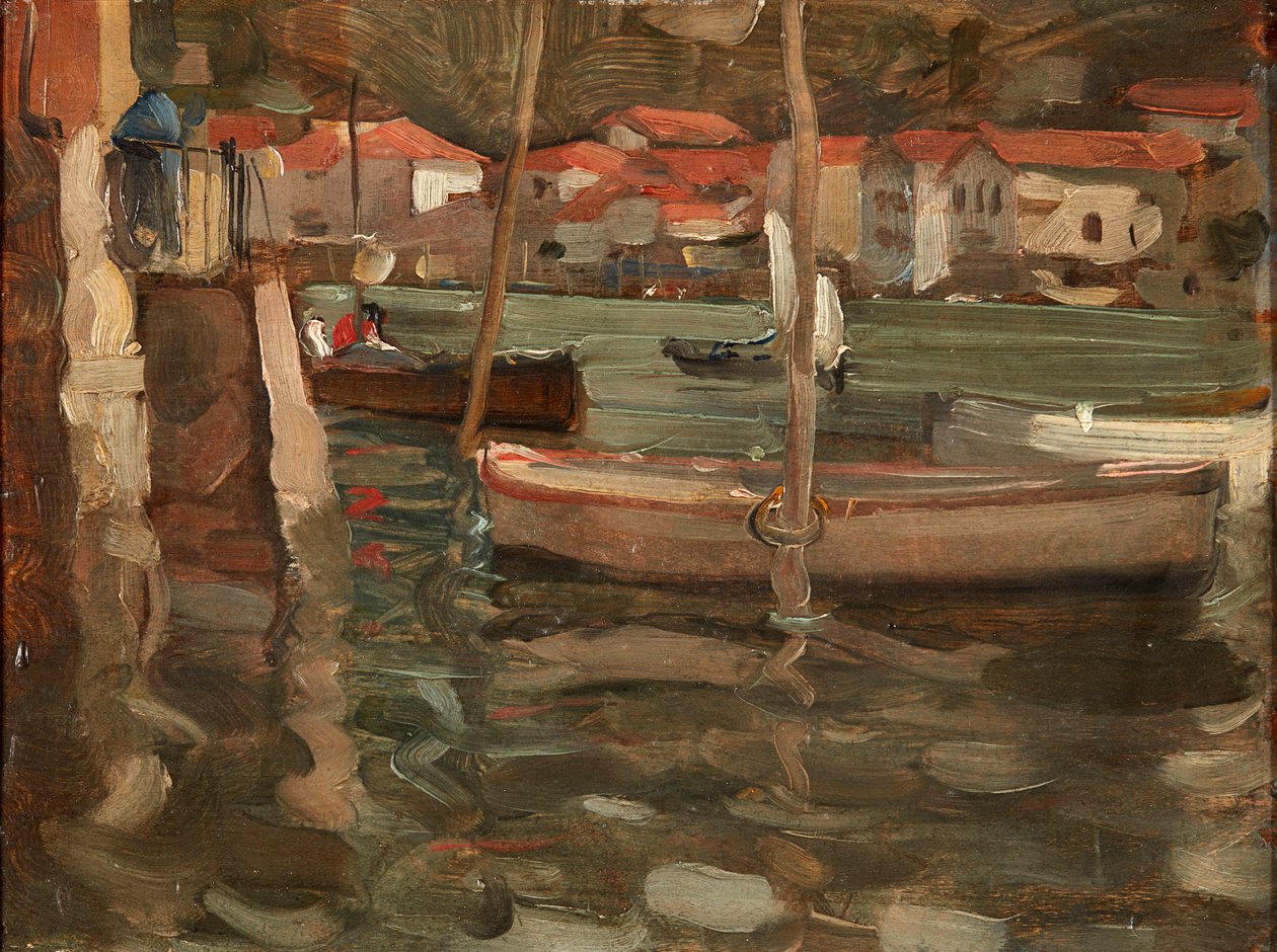Botes de remo junto a un muelle en Concarneau de Robert Brough
