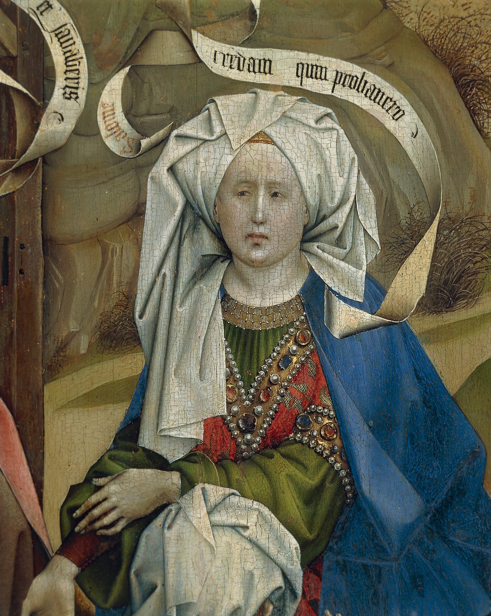 Detalle de una mujer de la Natividad, obra del Maestro de Flemalle Robert Campin (1375/1379-1444), óleo sobre tabla, hacia 1420. de Robert Campin