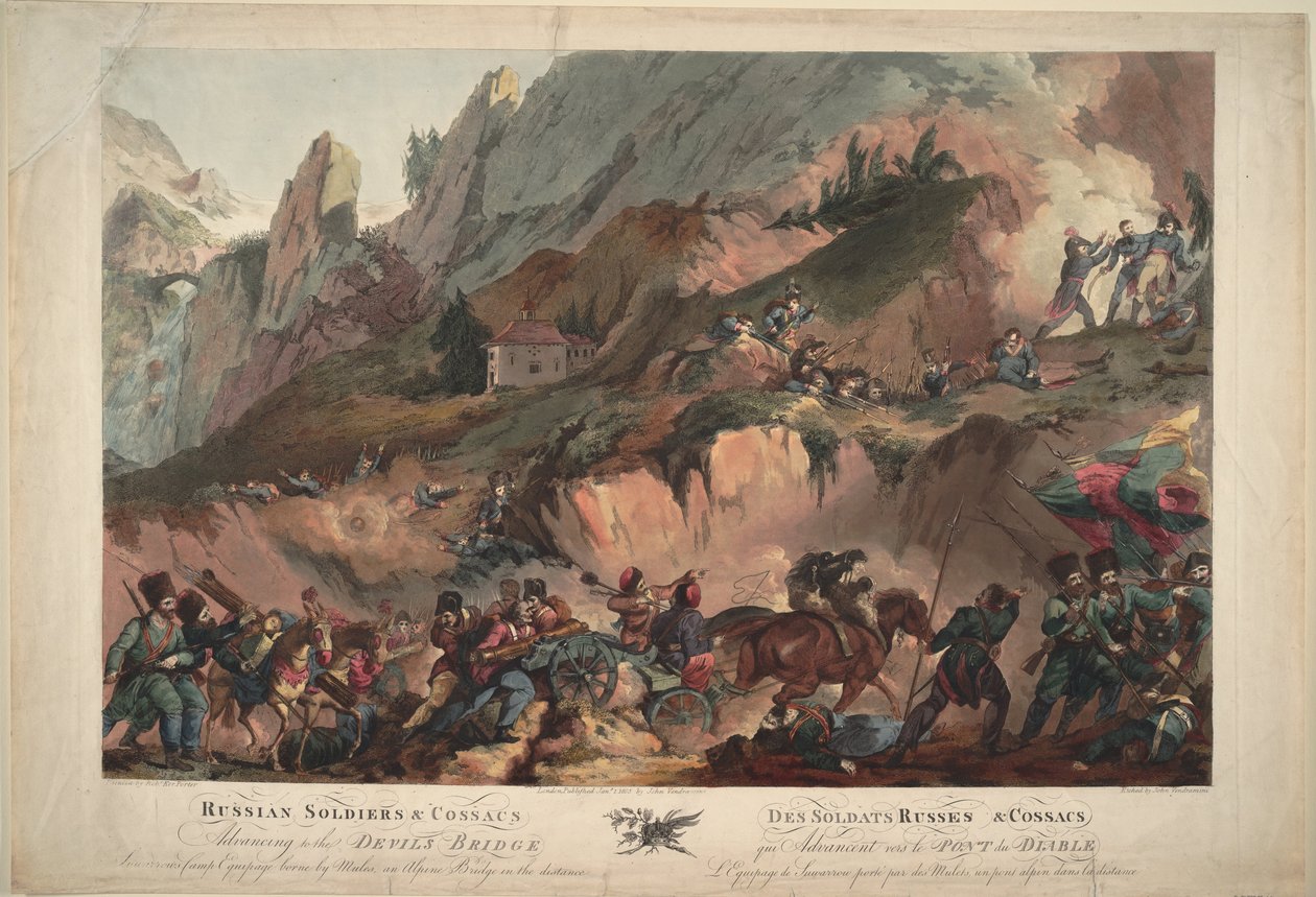 El ejército ruso cruzando el Puente del Diablo en 1799, 1804 de Robert Carr Porter