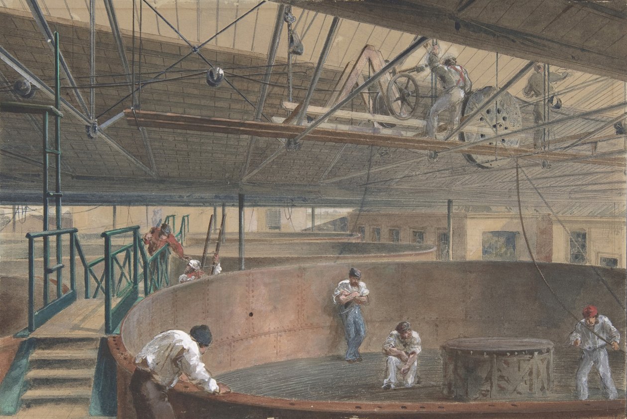 Enrollando el cable en los grandes tanques en las obras de la construcción del telégrafo de Robert Charles Dudley