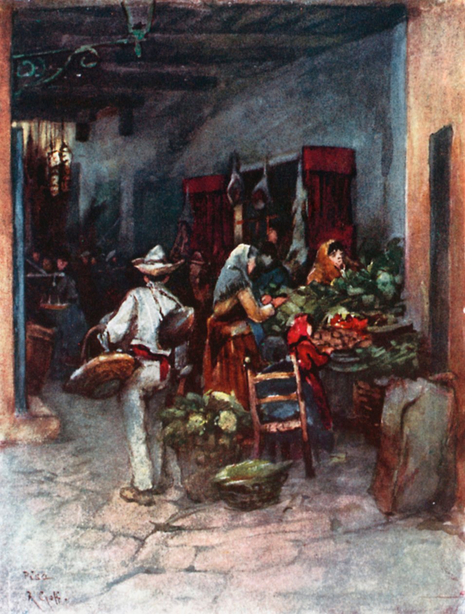 Puestos de frutas y verduras, Pisa (litografía en color) de Robert Charles Goff