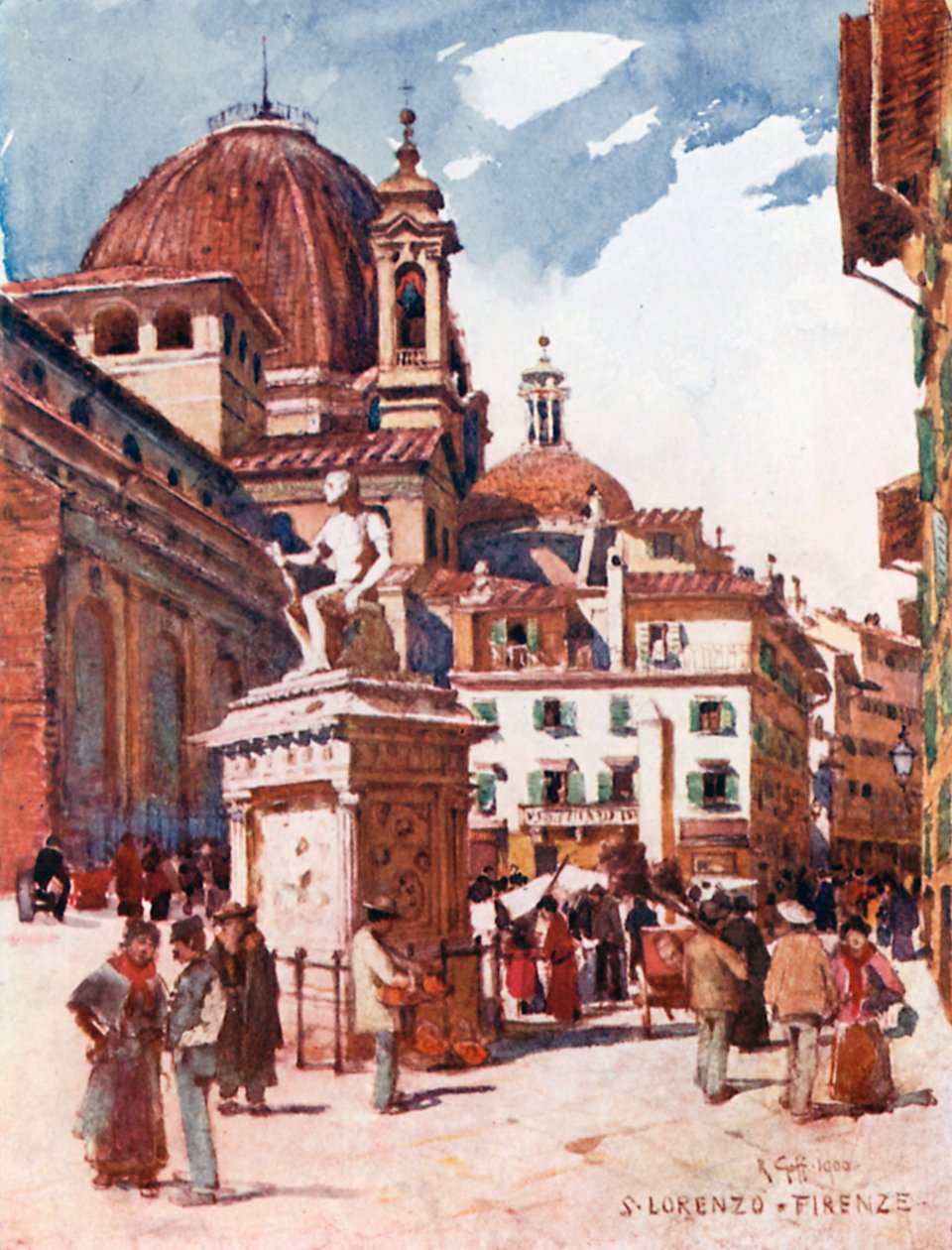 Plaza de San Lorenzo, con la estatua de Giovanni delle Bande Nere (litografía en color) de Robert Charles Goff