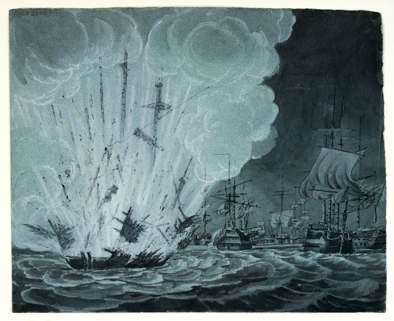 Barco, voladura, en la batalla del Nilo (dibujo a pluma, aguada gris) de Robert Cleveley