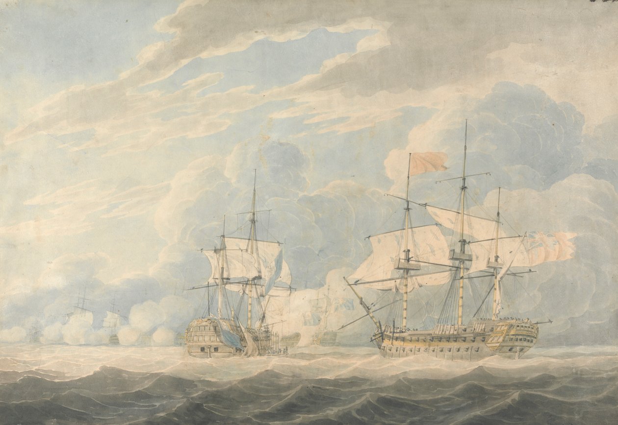 El Vicealmirante holandés bajo el mando del Almirante De Winter arriando su bandera al Vicealmirante inglés Onslow bajo el mando del Almirante Duncan en la Batalla de Camperdown, 11 de octubre de 1797. de Robert Cleveley