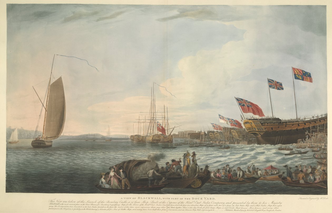 Una vista de Blackwall, con parte del Astillero, en el lanzamiento del Castillo de Bombay, 74 cañones, construido a expensas del Excmo. East India Company y presentado por ellos a Su Majestad en junio de 1782 de Robert Dodd