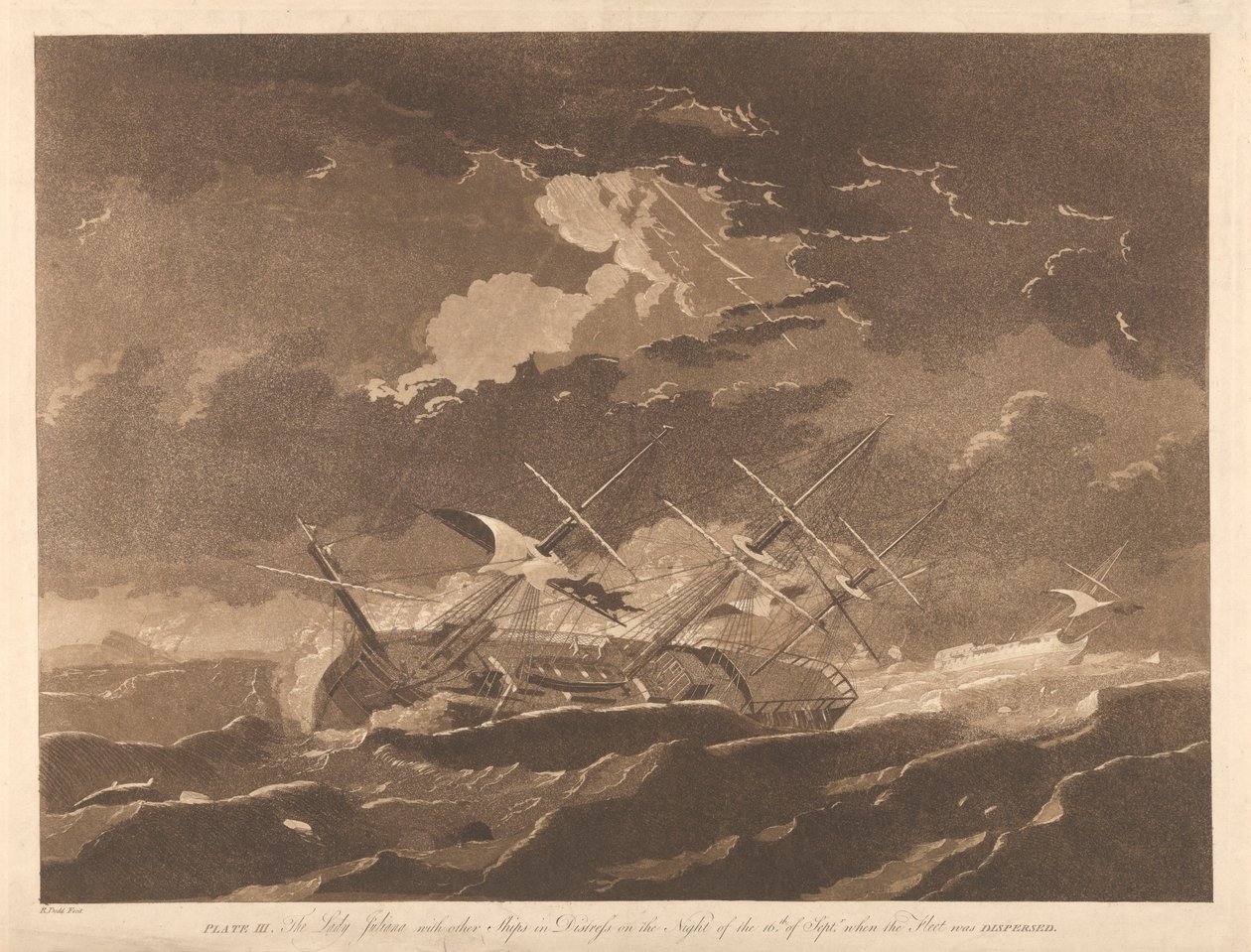 Lámina III. El "Lady Juliana" con otros barcos en apuros la noche del 16 de septiembre, cuando la flota se dispersó. de Robert Dodd