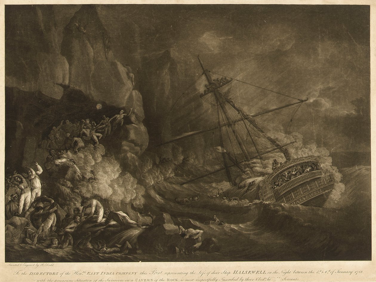 La pérdida del barco "Halsewell" de la Compañía de las Indias Orientales en la noche del 5 al 6 de enero de 1786, c.1786 (aguatinta, aguafuerte) de Robert Dodd