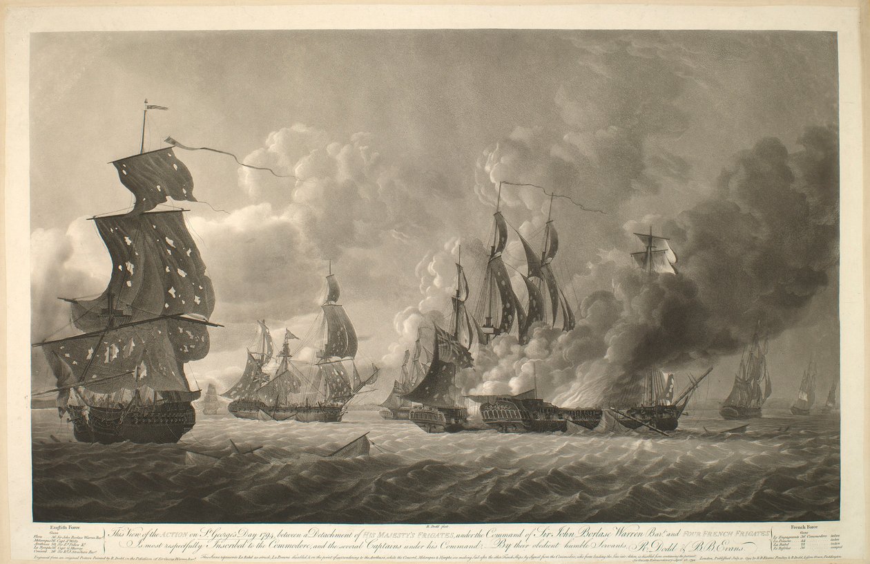 Esta vista del combate del día de San Jorge de 1794, entre un destacamento de las fragatas de Su Majestad, bajo el mando de Sir John Borlase Warren Bar, y cuatro fragatas francesas está muy respetuosamente inscrita al Comodoro y a los distintos capitanes b de Robert Dodd