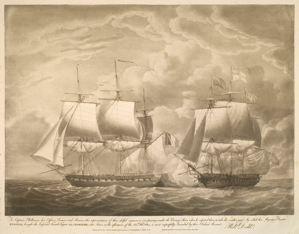 Al Capitán Phillimore, sus Oficiales, Marineros e Infantes de Marina, esta representación de su hábil maniobra (al pasar por debajo de la Popa del Enemigo cuando éste esperaba que tomaran el Meteorológico) por la cual la Fragata de Su Majestad EUROTAS, tra de Robert Dodd