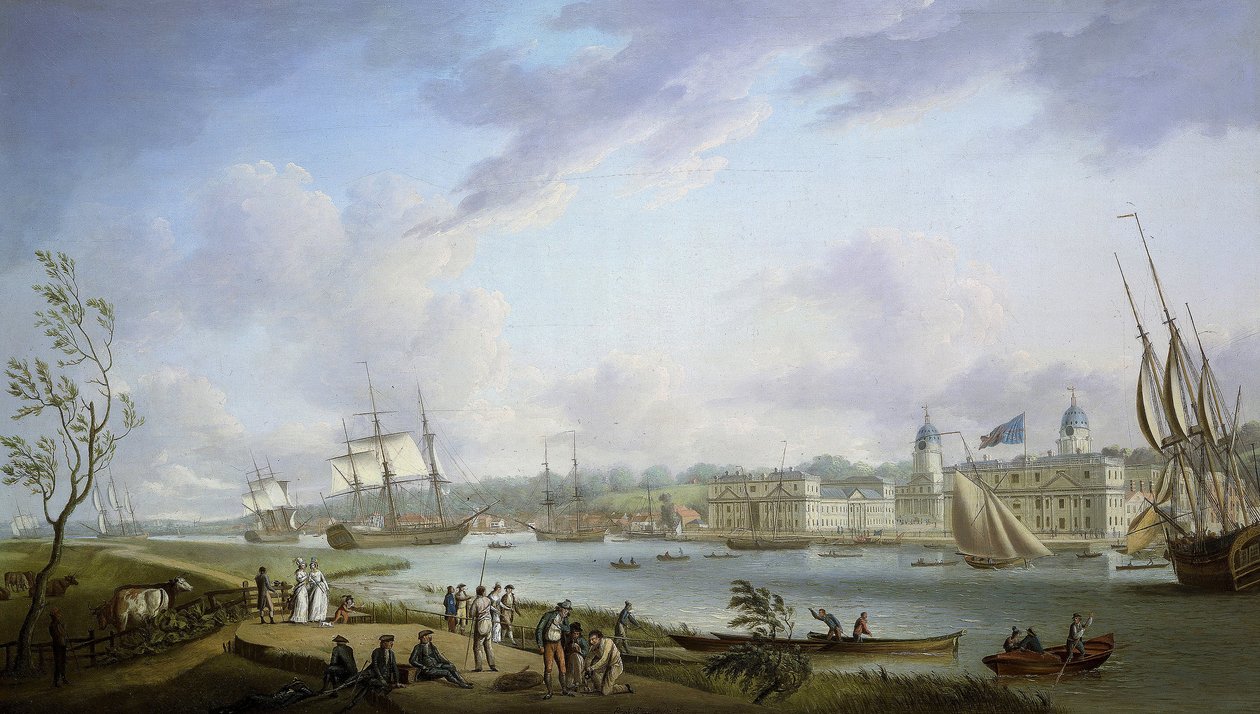 Vista de Greenwich, descripción del Támesis y de las actividades en sus orillas, así como de la navegación fluvial, sujeta a la importancia de las mareas. Óleo sobre lienzo de Robert Dodd