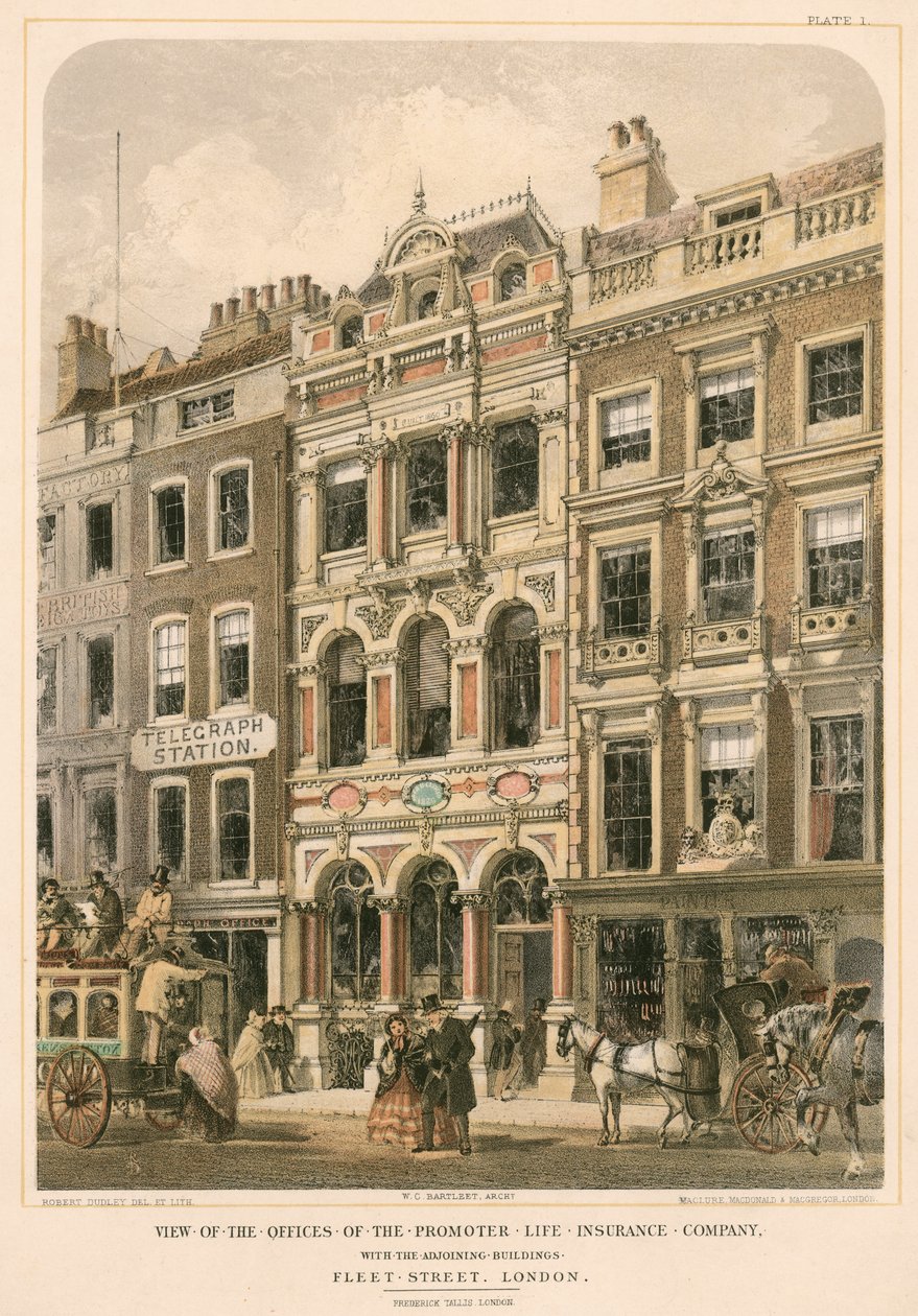 Vista de las oficinas de la Promoter Life Insurance Company con los edificios colindantes, Fleet Street, Londres (litografía en color) de Robert Dudley