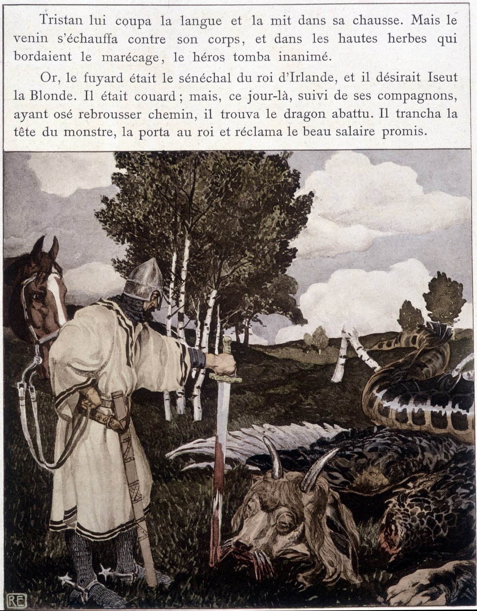 Tristán cerca del dragón muerto - en "El Romance de Tristán e Iseo" de Bédier, ilustrado por Robert Engels, ed. de Arte, París de Robert Engels