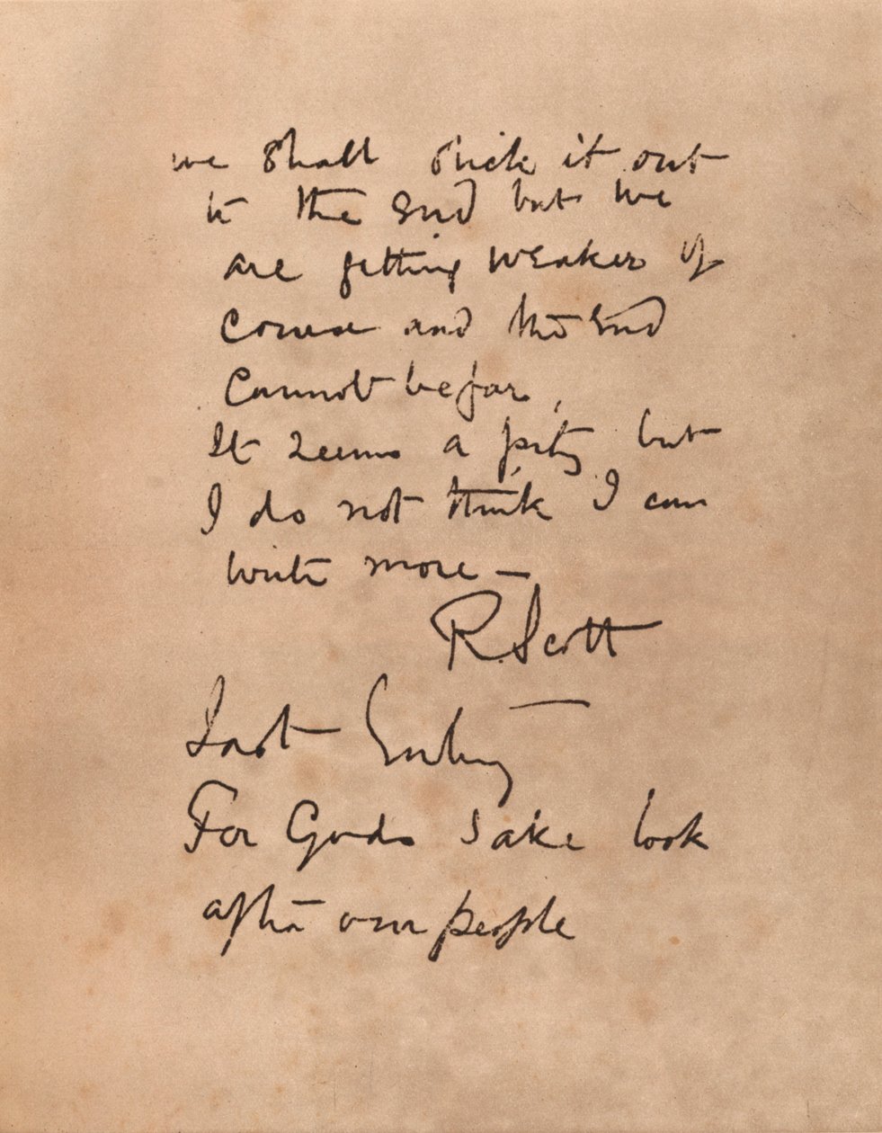 La página final del diario del Capitán Scott, 1912-1935 de Robert Falcon Scott