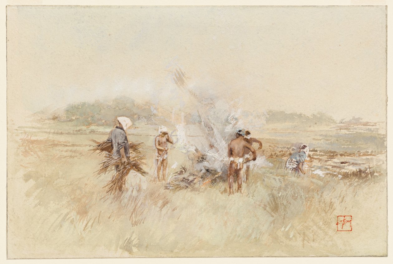 Trabajando, amontonando maleza sobre fuegos humeantes de Robert Frederick Blum