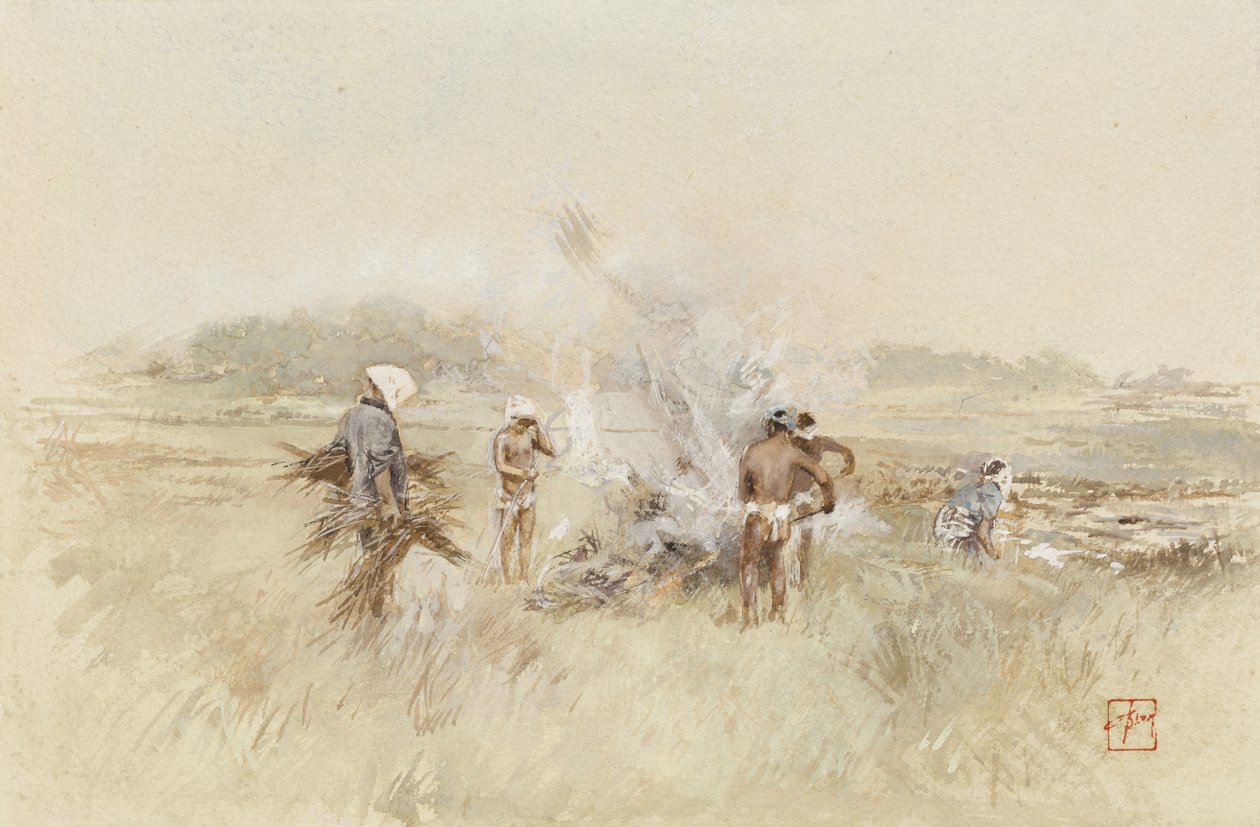 Trabajando amontonando ramas en fuegos humeantes, 1867-1903 de Robert Frederick Blum