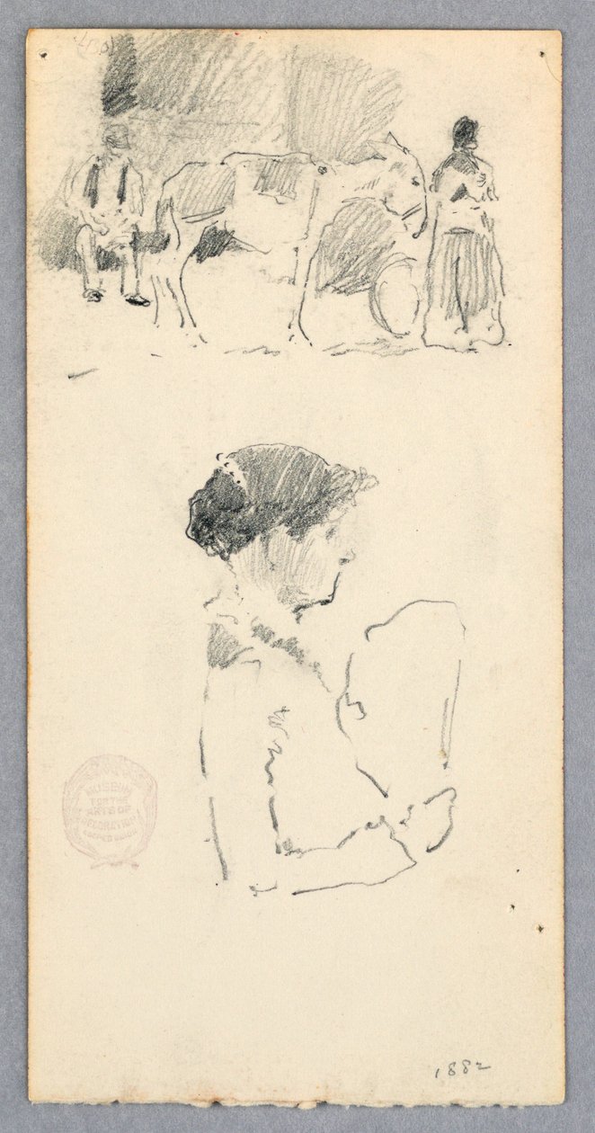 Dibujo, Escena con burro y dos figuras; mujer con abanico, 1882 de Robert Frederick Blum