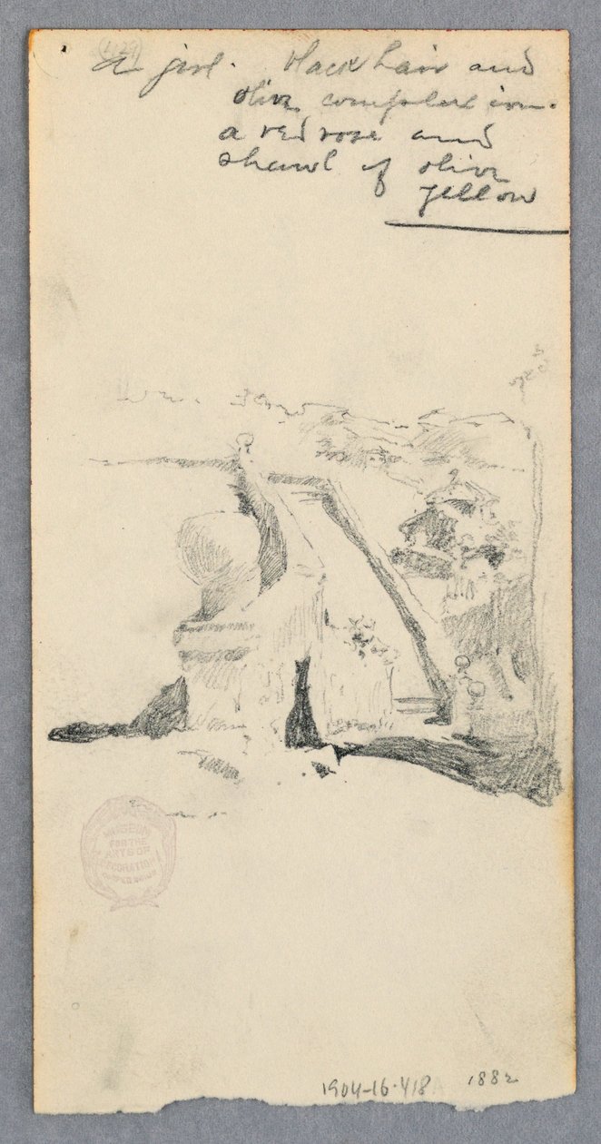 Dibujo, Vista desde un lugar elevado mirando hacia la ciudad (recto); Mujer sosteniendo una jarra (verso), 1882 de Robert Frederick Blum