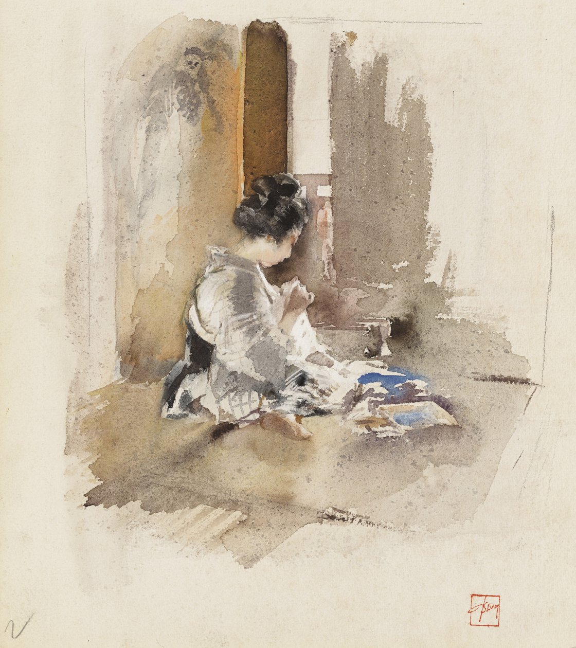 Niña japonesa cosiendo, 1890 de Robert Frederick Blum