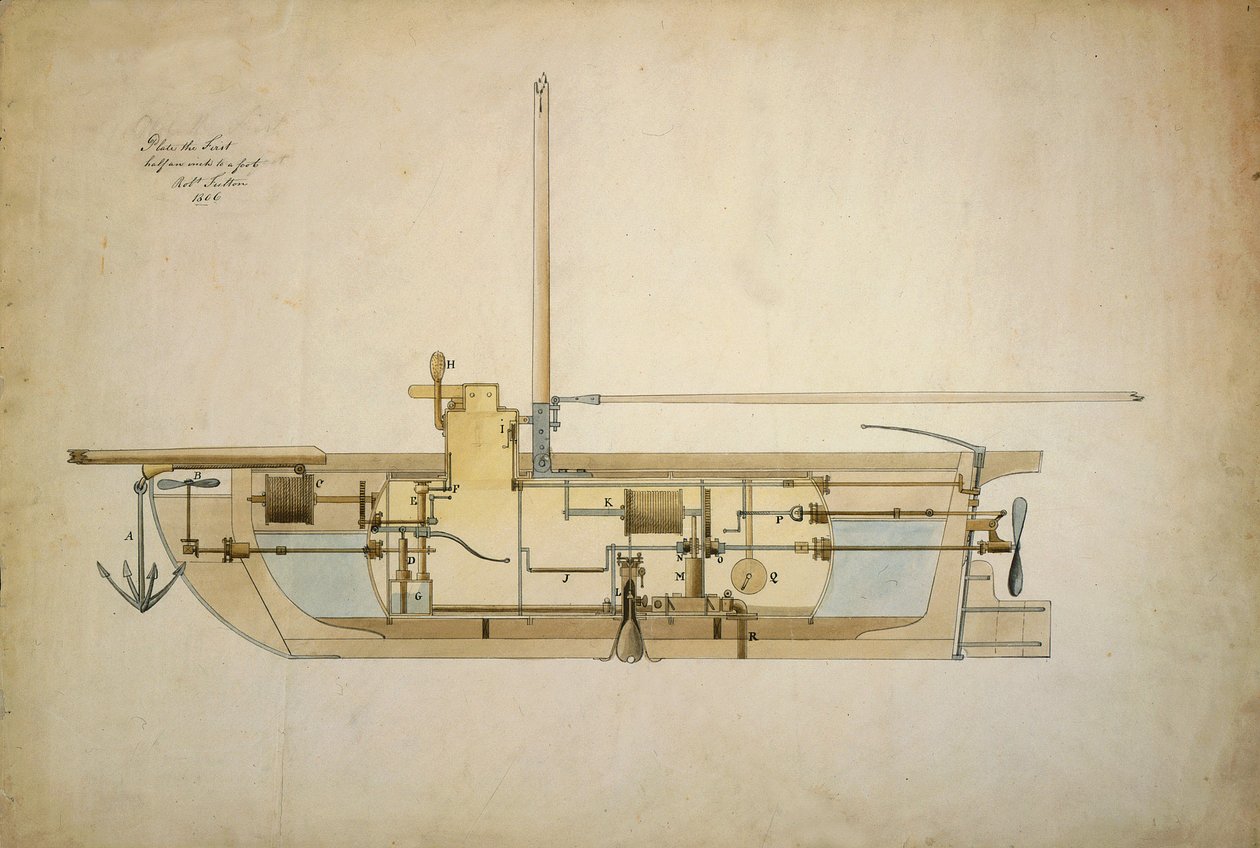 Dibujo original del Nautilus, el primer barco submarino, presentado por su inventor Robert Fulton (1765-1815) al Senado Americano en 1806. de Robert Fulton