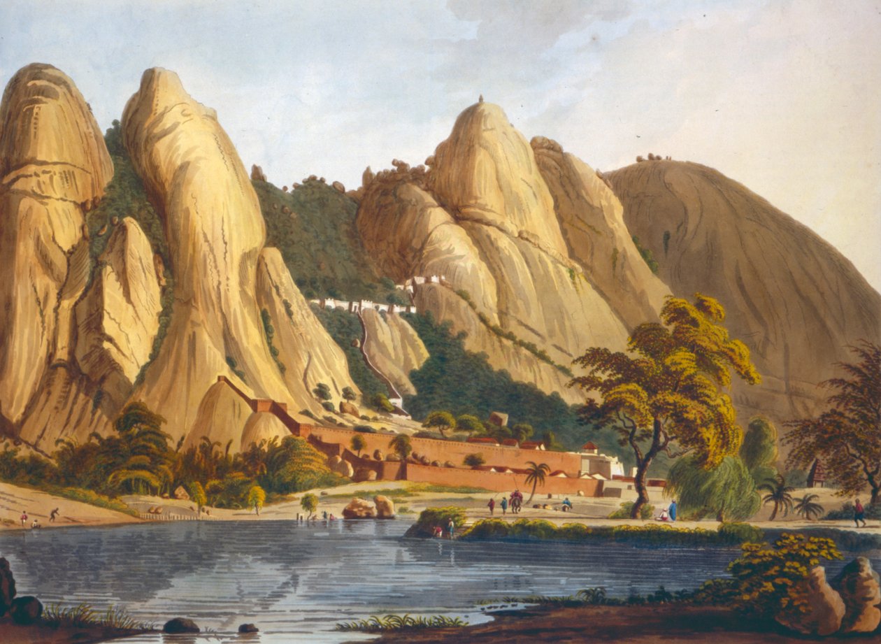 Vista sur de Sewandroog, ilustración de Doce Vistas de Mysore, el País del Sultán Tippoo grabado y coloreado por J.W. Edy, publicado en 1804 de Robert H. Colebrooke