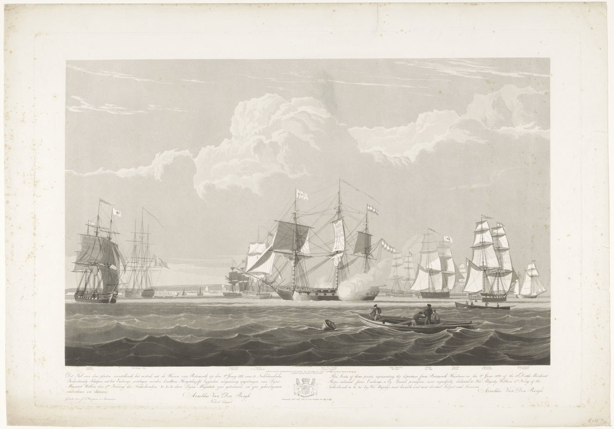 Salida de doce barcos mercantes holandeses del puerto de Portsmouth, 1833 (lámina 3) Este conjunto de tres placas que representan la salida del puerto de Portsmouth el 2.d de junio de 1833 de 12 Nederlandsche Koopvaardy Ships from Embargo descargados de Robert Havell (II)