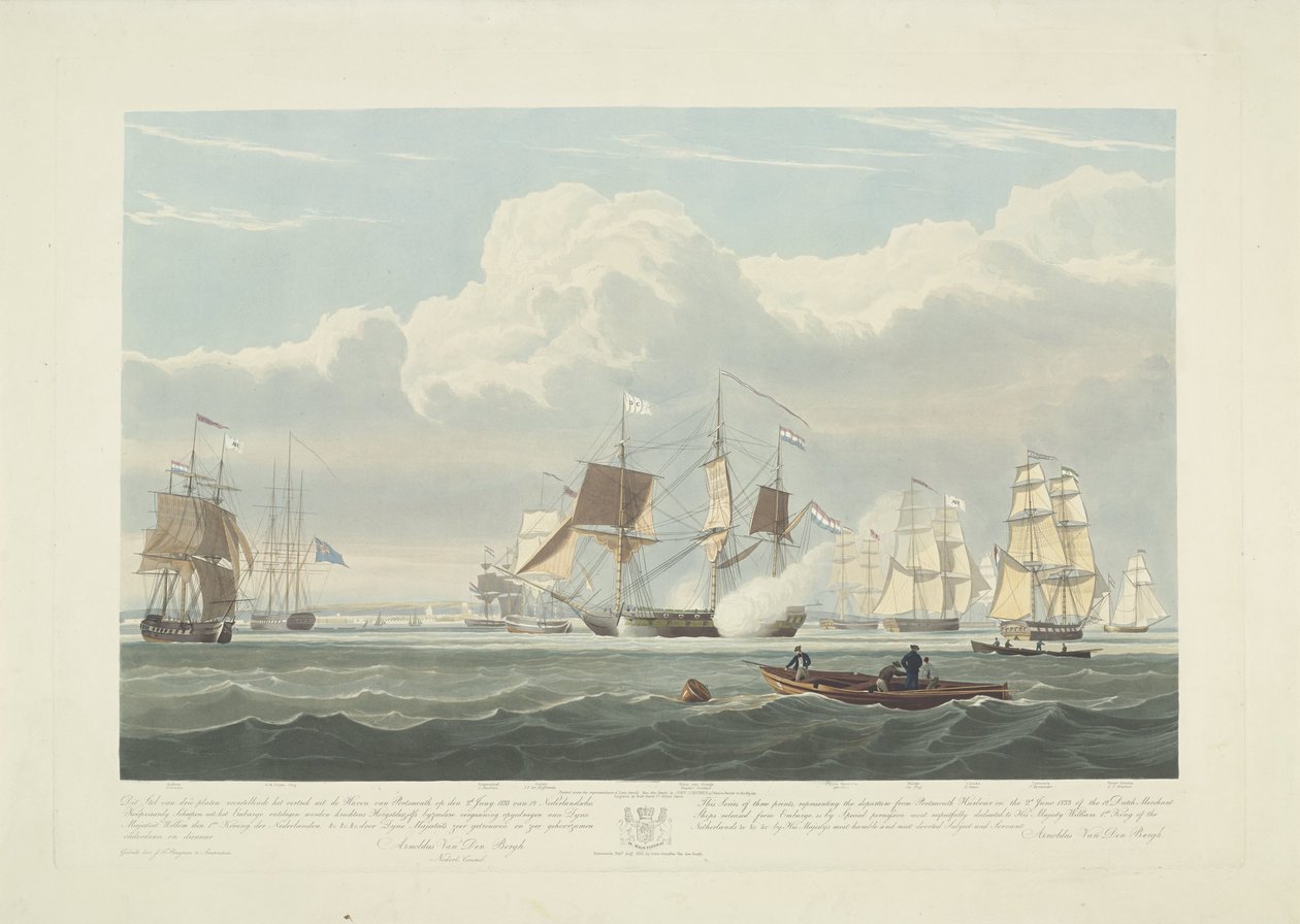 Salida de doce barcos mercantes holandeses del puerto de Portsmouth, 1833 (lámina 3) Este conjunto de tres placas que representan la salida del puerto de Portsmouth el 2.d de junio de 1833 de 12 Nederlandsche Koopvaardy Ships from Embargo descargados de Robert Havell (II)