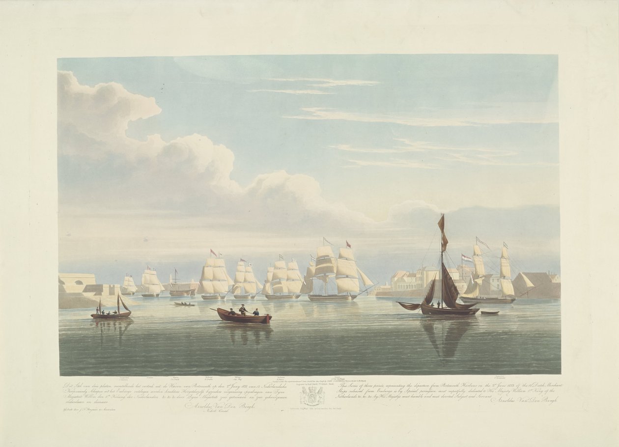 Salida de doce barcos mercantes holandeses del puerto de Portsmouth, 1833 (lámina 1) Este conjunto de tres placas que representan la salida del puerto de Portsmouth el 2.d de junio de 1833 de 12 Nederlandsche Koopvaardy Ships from Embargo descargados de Robert Havell (II)