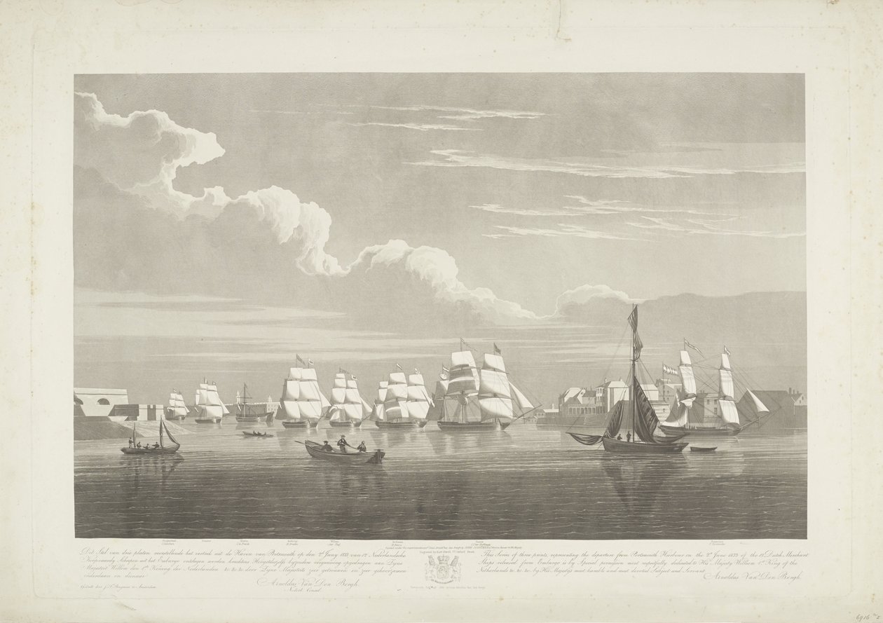 Salida de doce barcos mercantes holandeses del puerto de Portsmouth, 1833 (lámina 1) Este conjunto de tres placas que representan la salida del puerto de Portsmouth el 2.d de junio de 1833 de 12 Nederlandsche Koopvaardy Ships from Embargo descargados de Robert Havell (II)