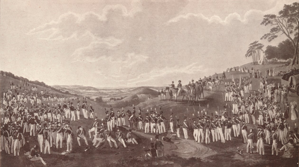 La Hon. Compañía de Artillería reunida para la práctica de pelota en Childs Hill, c1820-1870, 1909 de Robert Havell