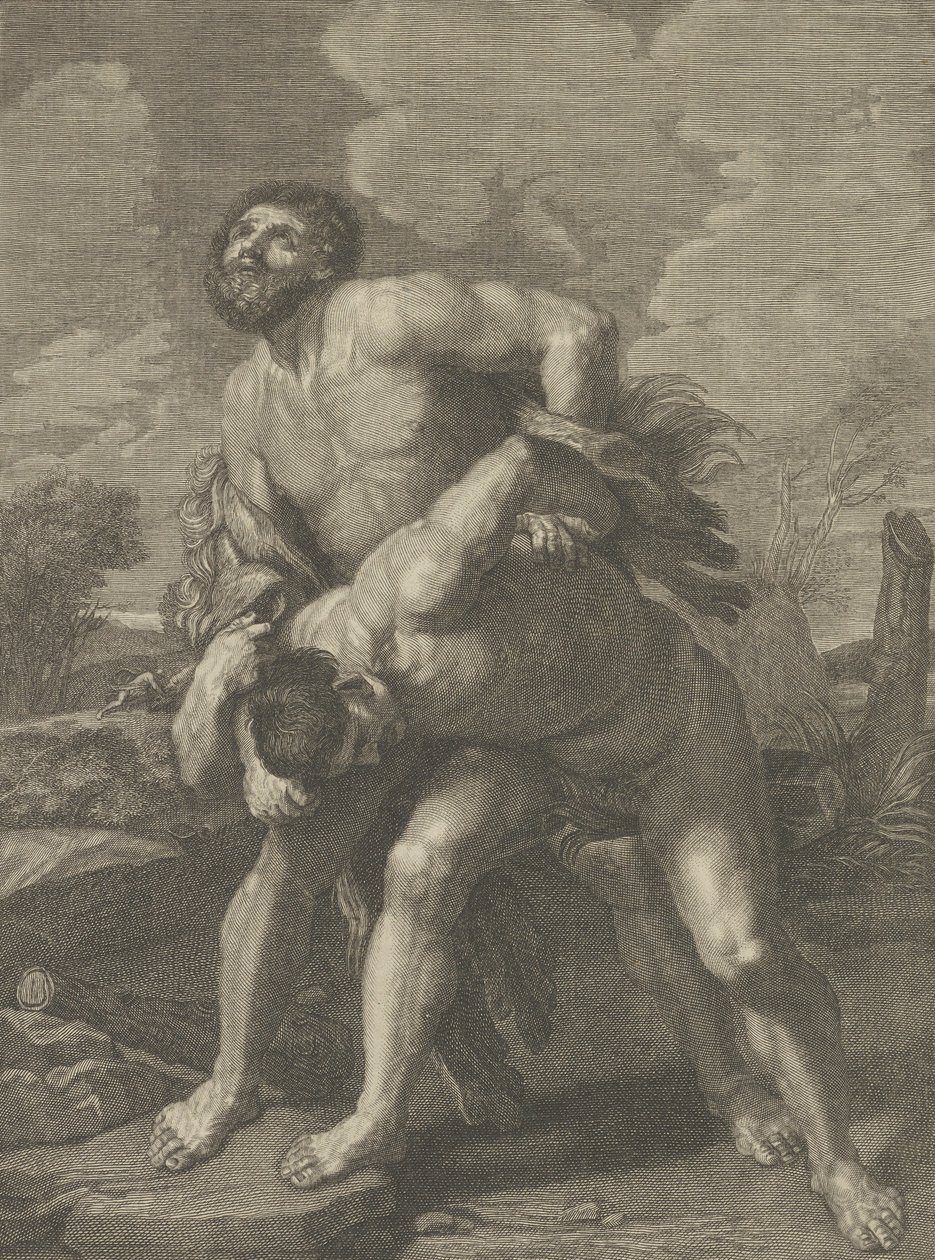Hércules con piel de león luchando contra Aqueloo, un paisaje al fondo de Robert Hecquet