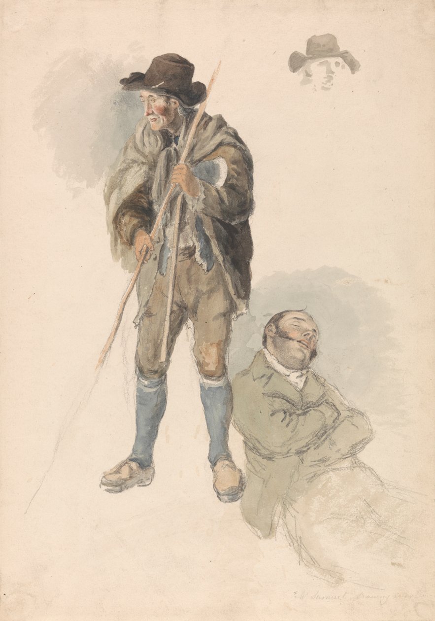 Estudios de figuras: Un trabajador agrícola, el Sr. Samuel, el maestro de dibujo recostado y dormitando, y un esbozo de hombre con sombrero. de Robert Hills