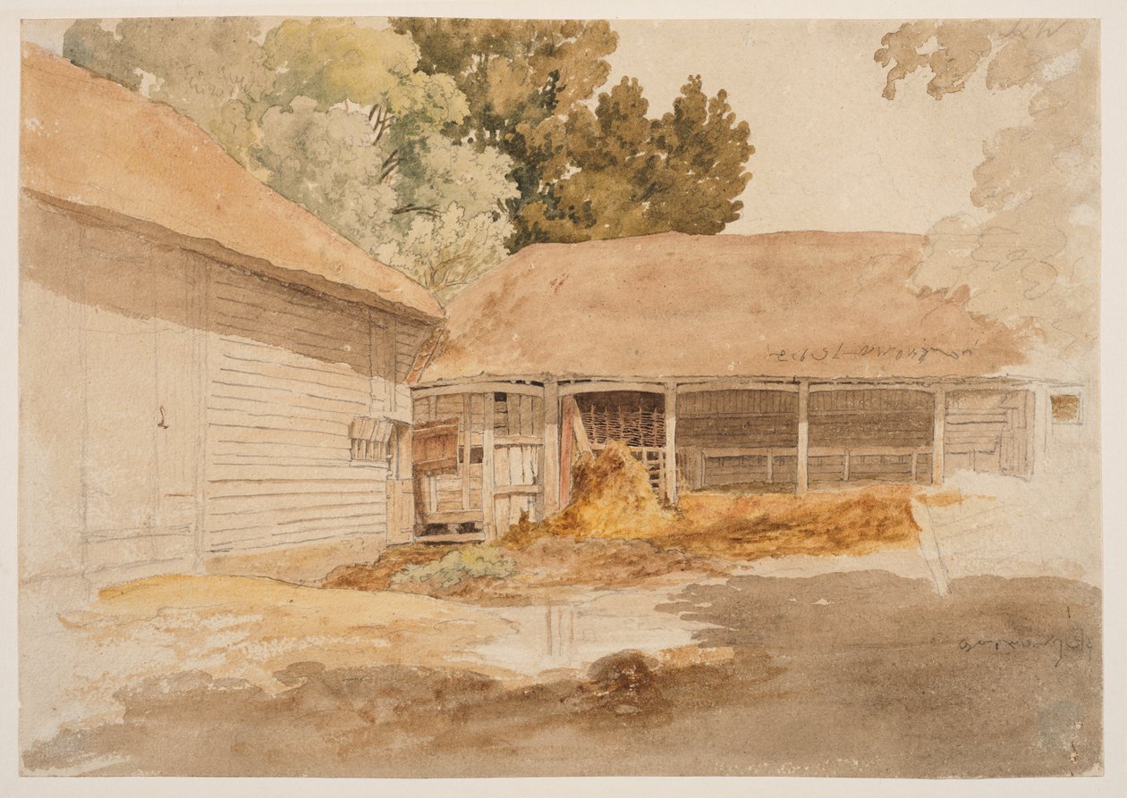 Estudio de un granero, c.1820-29 (grafito, acuarela) de Robert Hills